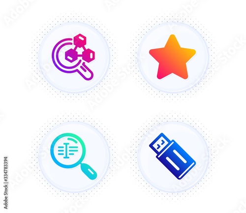 Search text, Chemistry lab and Star icons simple set. Button with halftone dots. Usb flash sign. Find word, Lab research, Best rank. Memory stick. Technology set. Vector