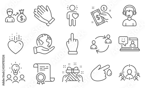 Set of People icons, such as Consultant, Gift. Diploma, ideas, save planet. Clapping hands, User communication, Middle finger. Smile, Payment method, Blood donation. Friend, Sallary, Heart. Vector