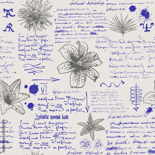 vector image of a seamless textural background in the style of notes from the diary of a botanist with sketches, formulas and notes