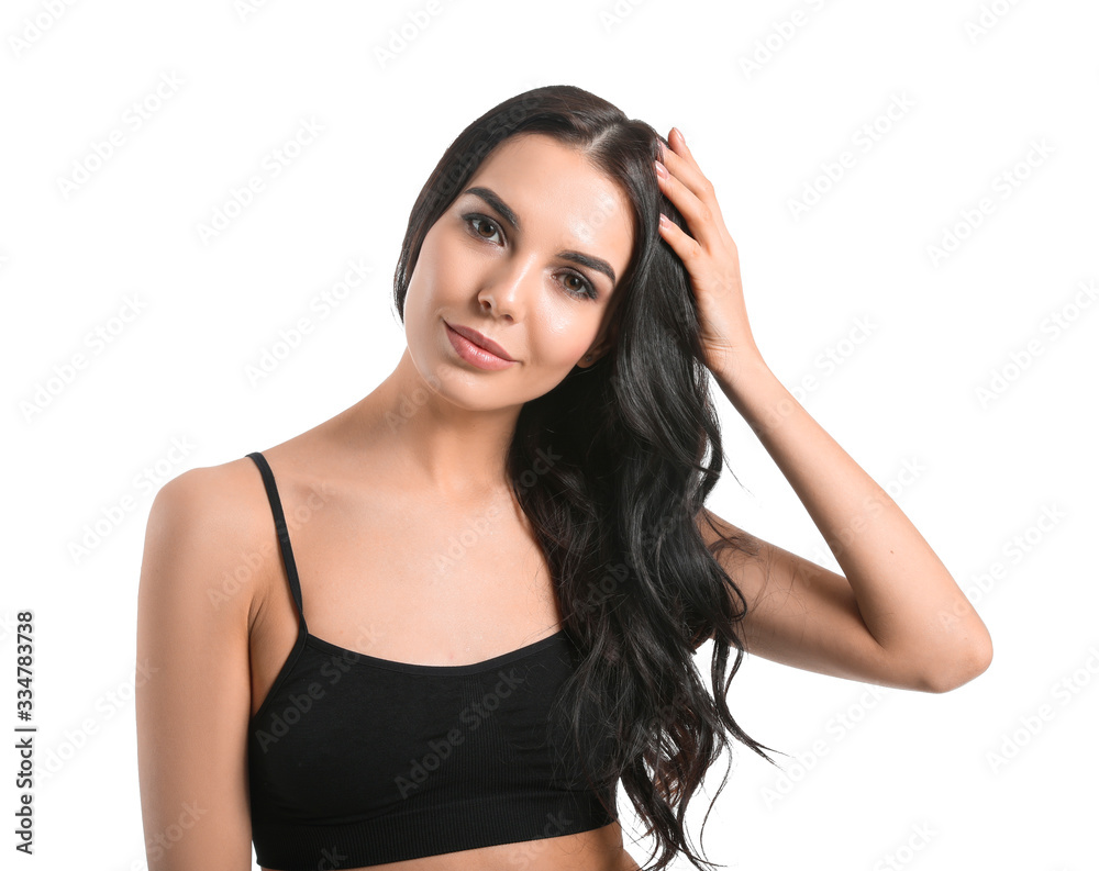 Young woman with beautiful healthy hair on white background Young woman with beautiful healthy hair on white background
