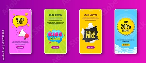 Kids club icon. Phone screen banner. Fun playing zone banner. Children games party area icon. Sale banner on smartphone screen. Mobile phone web template. Kids club promotion. Vector