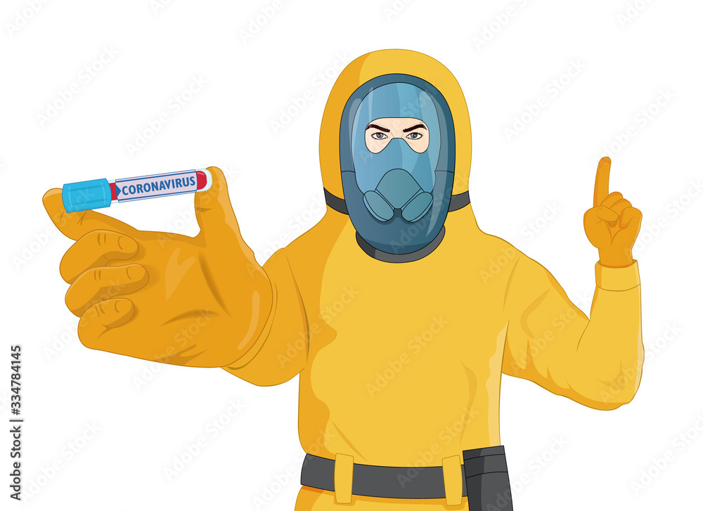 Doctor in Yellow Protective Costume and Gas Mask holding a positive blood test result for the new rapidly spreading Coronavirus