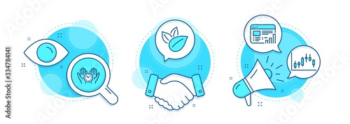 Safe time, Organic product and Web report line icons set. Handshake deal, research and promotion complex icons. Candlestick graph sign. Management, Leaves, Graph chart. Finance chart. Vector