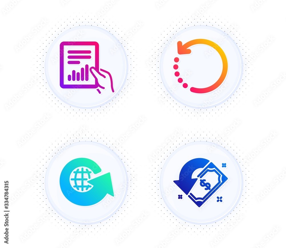 Document, Recovery data and World globe icons simple set. Button with halftone dots. Cashback sign. File with diagram, Backup info, Around the world. Receive money. Technology set. Vector Document, Recovery data and World globe icons simple set. Button with halftone dots. Cashback sign. File with diagram, Backup info, Around the world. Receive money. Technology set. Vector