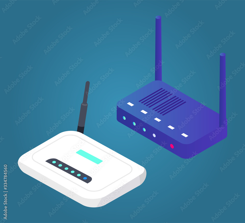 Wifi router with antenna wireless device isolated. Modern internet connection equipment and application symbol. Web network zone for public using. Online hardware electronic sign vector, isometric Wifi router with antenna wireless device isolated. Modern internet connection equipment and application symbol. Web network zone for public using. Online hardware electronic sign vector, isometric