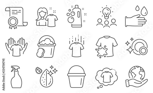 Set of Cleaning icons, such as Clean bubbles, Clean shirt. Diploma, ideas, save planet. Bucket, T-shirt, Dry t-shirt. Dirty water, Sponge, Rubber gloves. Spray line icons. Vector