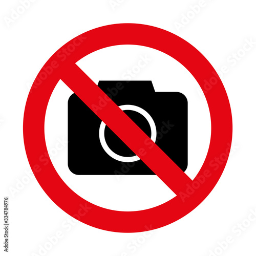 No taking pictures or no cameras allowed. Prohibition symbol sticker for area places, isolated on white background, no camera .