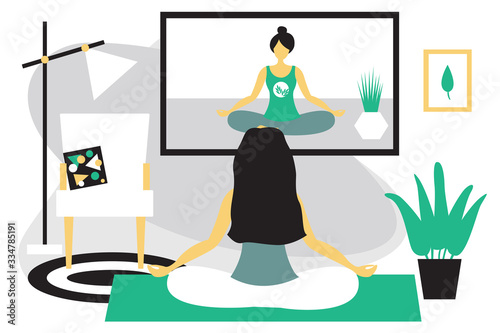 Woman doing yoga sitting in lotus position at home. Girl meditates. Girl watching yoga classes online on TV. Modern flat design concept of yoga. Bright vector illustration isolated on white background