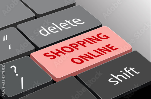 Closeup red SHOPPING ONLINE button on black keyboard.