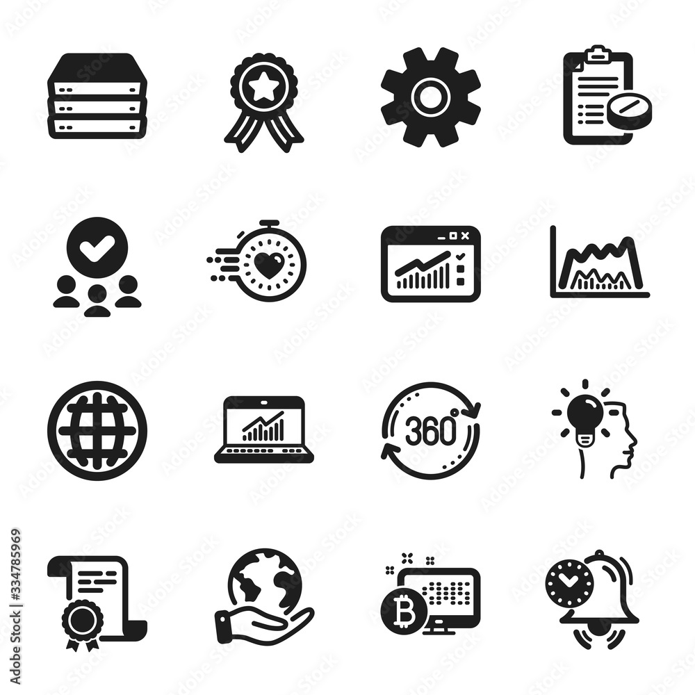 Set of Science icons, such as Trade chart, Web traffic. Certificate, approved group, save planet. Online statistics, Timer, Service. Full rotation, Medical prescription, Servers. Vector