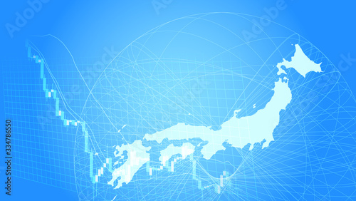 急落する株価チャートと日本地図青色背景イメージ