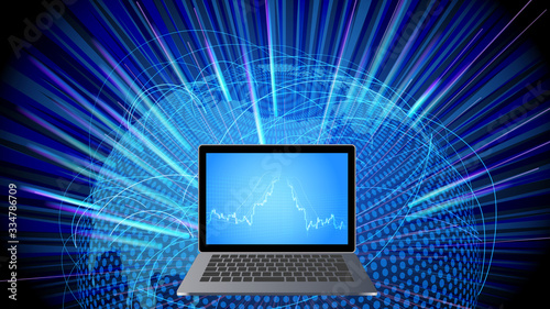 高騰急落する株価チャートとノートパソコン・世界地図青色背景イメージ