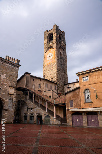 The civic tower, known by the name of Campanone. Citta Alta, Bergamo, Italy.