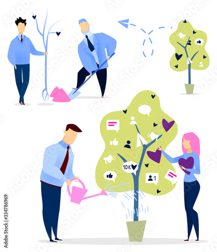 Collection of people caring for tree with likes and followers, profiles and users info. Man and woman with plant in pot, cultivating and growing metaphorical plantation, vector in flat style