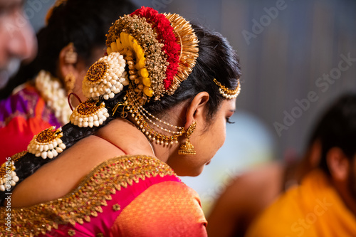 colorful silk saree , bride , traditional Hindu wedding , South India	