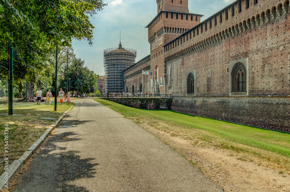 MILAN, ITALY - AUGUST 1, 2019: The Outer Wall of Castello Sforzesco - Sforza Castle in Milan