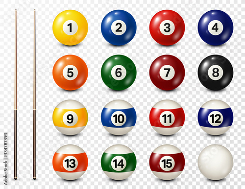 Billiard, pool balls with numbers collection. Realistic glossy snooker ball. White background. Vector illustration. photo