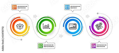Graph, Credit card and Opened box line icons set. Infographic timeline. Marketing statistics sign. Presentation diagram, Loan percent, Shipping parcel. Web analytics. Business set. Vector