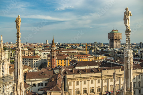 Milan, Italy - Aug 1, 2019: Aerial View from the roof of Milan Cathedral - Duomo di Milano, Lombardy, Italy © Yury