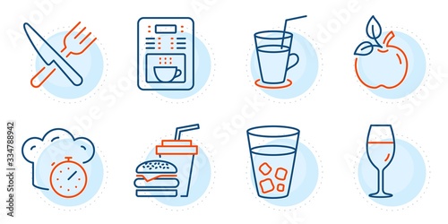 Hamburger, Cooking timer and Wineglass signs. Food, Eco food and Coffee maker line icons set. Cocktail, Ice tea symbols. Cutlery, Organic tested. Food and drink set. Outline icons set. Vector