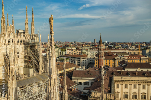 Milan, Italy - Aug 1, 2019: Aerial View from the roof of Milan Cathedral - Duomo di Milano, Lombardy, Italy © Yury