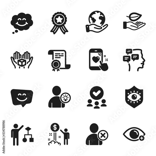 Set of People icons, such as Heart rating, Leaf. Certificate, approved group, save planet. Smile face, Smile, User idea. Hold box, Income money, Eye protection. Vector