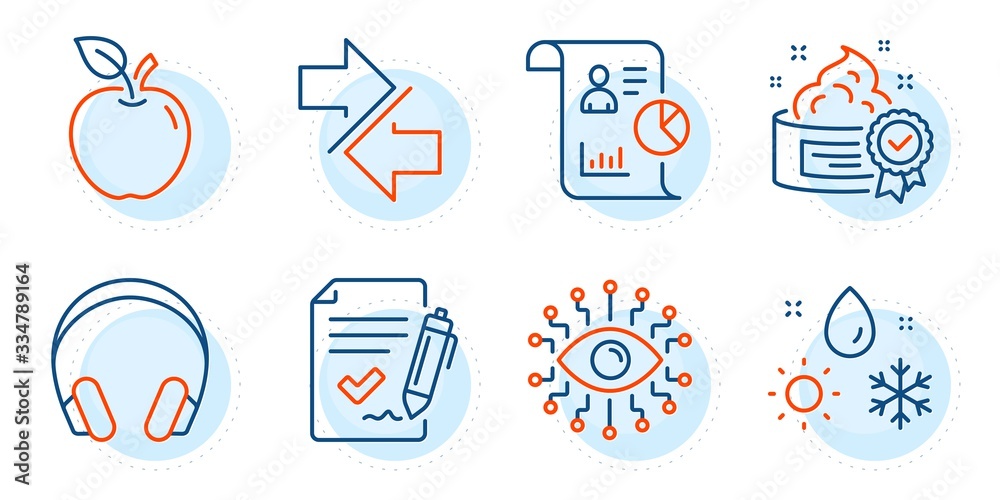 Report, Headphones and Synchronize signs. Cream, Weather and Approved agreement line icons set. Apple, Artificial intelligence symbols. Best lotion, Climate. Business set. Outline icons set. Vector
