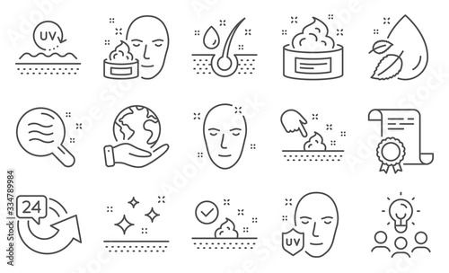 Set of Beauty icons, such as Skin condition, Water drop. Diploma, ideas, save planet. Serum oil, Uv protection, 24 hours. Uv protection, Clean skin, Face cream line icons. Vector
