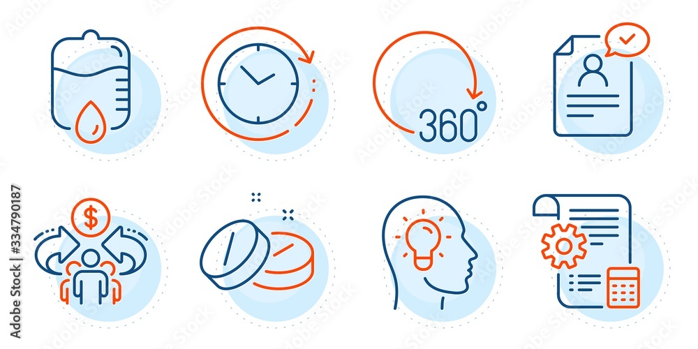 Idea head, Sharing economy and 360 degrees signs. Settings blueprint, Drop counter and Time change line icons set. Medical tablet, Resume document symbols. Report document, Medical equipment. Vector