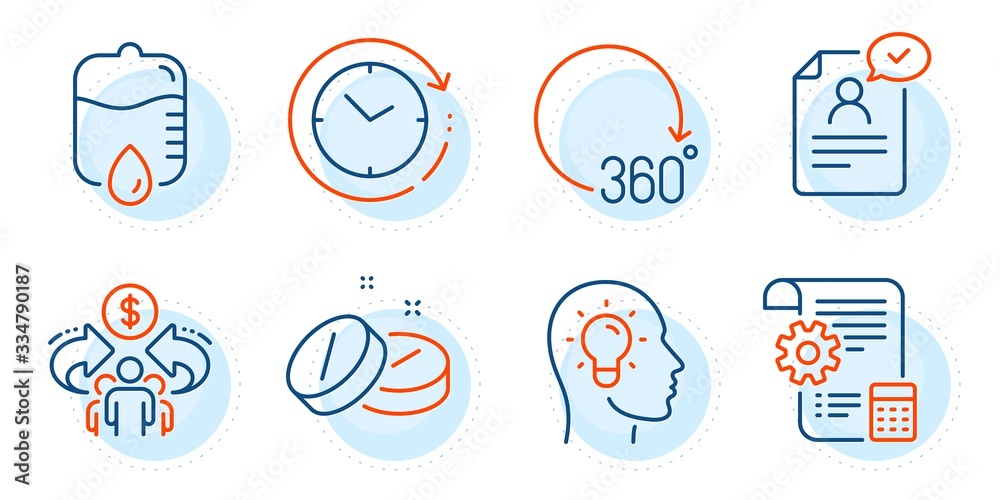Idea head, Sharing economy and 360 degrees signs. Settings blueprint, Drop counter and Time change line icons set. Medical tablet, Resume document symbols. Report document, Medical equipment. Vector Idea head, Sharing economy and 360 degrees signs. Settings blueprint, Drop counter and Time change line icons set. Medical tablet, Resume document symbols. Report document, Medical equipment. Vector