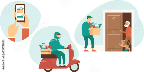 Fresh Groceries and Food Delivery for Elderly People. Old Senior man Receiving Parcel.