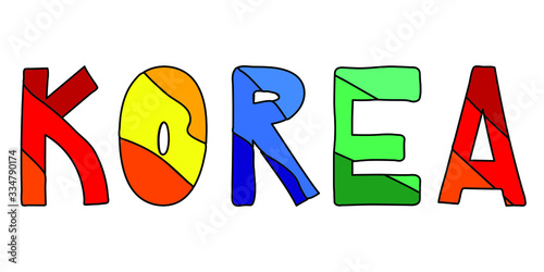Korea - multicolored funny cartoon inscription. Kids style. Korea is a region in East Asia. For banners, posters souvenirs and prints on clothing.