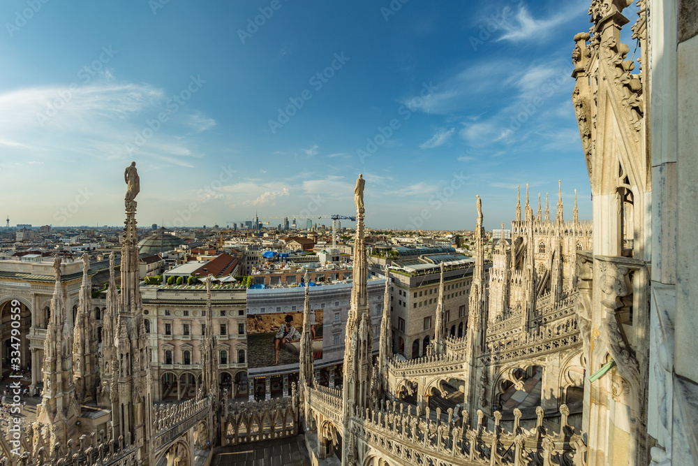 Milan, Italy - Aug 1, 2019: Aerial View from the roof of Milan Cathedral - Duomo di Milano, Lombardy, Italy