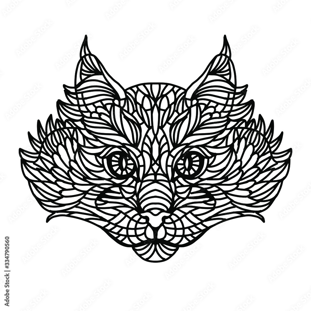 Obraz premium Cat's portrait stylized. Hand drawn, line art black and white doodle illustration design for coloring book page