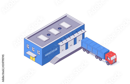 Isometric warehouse storage storehouse truck building. Delivery logistic depot and interior vector illustration