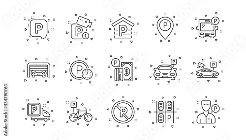 Garage, Valet servant and Paid parking. Parking line icons. Car transport park place linear icon set. Geometric elements. Quality signs set. Vector