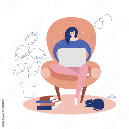 Vector illustration Work at home. Coronavirus quarantine lifestyle. Woman siting in the chair and working on laptop. Social distancing and self-isolation during Covid-19 outbreak.