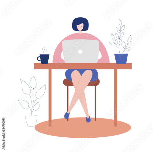 Vector illustration Work at home. Coronavirus quarantine lifestyle. Woman siting at the desk and working online. Social distancing and self-isolation during Covid-19 outbreak.