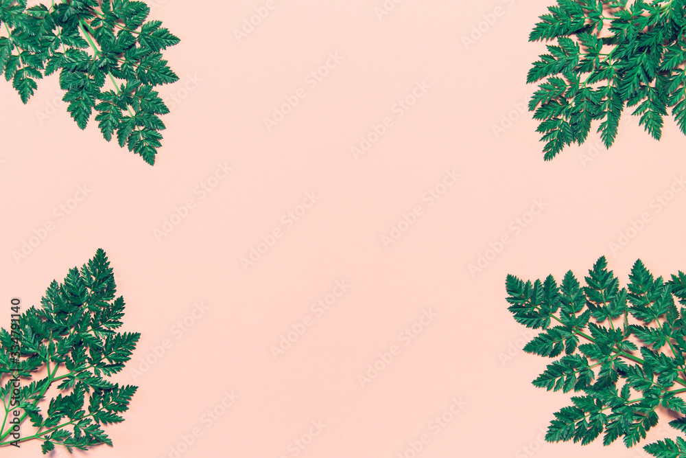 Abstract composition with green leaves on pastel background.