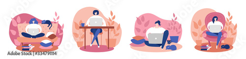 Set of illustrations Work at home. Women comfortably working on the laptop at home. Remote work during Covid-19 outbreak. Coronavirus quarantine lifestyle. 