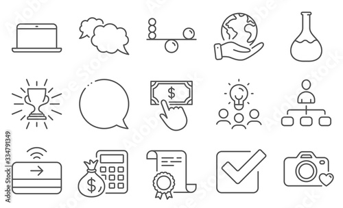 Set of Education icons, such as Payment click, Chemistry lab. Diploma, ideas, save planet. Messenger, Balance, Laptop. Photo camera, Checkbox, Finance calculator. Vector