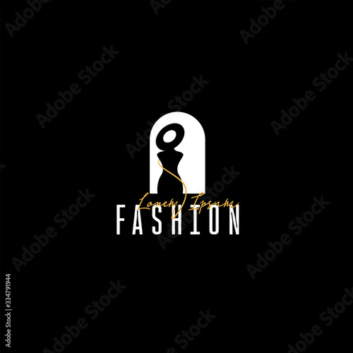 Logo fashion boutique, fashion logo template on a black background, silhouette of a girl in a hat in the window for your website, mobile application. Vector illustration