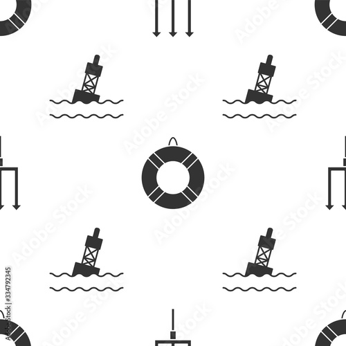 Set Neptune Trident, Lifebuoy and Floating buoy on the sea on seamless pattern. Vector