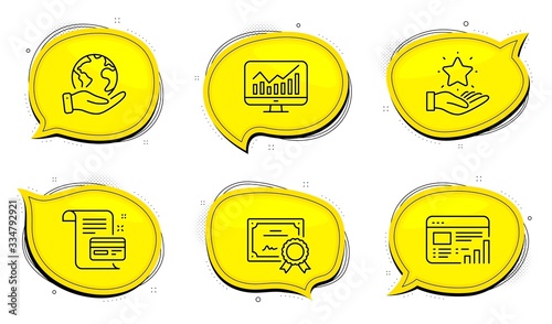 Loyalty program sign. Diploma certificate, save planet chat bubbles. Payment card, Statistics and Web report line icons set. Agreement conditions, Financial report, Graph chart. Bonus star. Vector