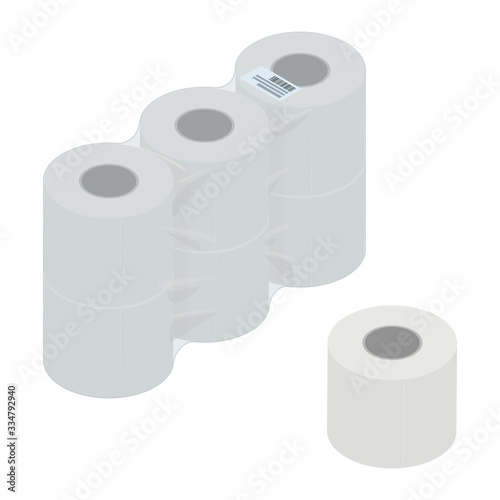 Toilet paper roll and pack, isometric design. 3D Render. Vector illustration.