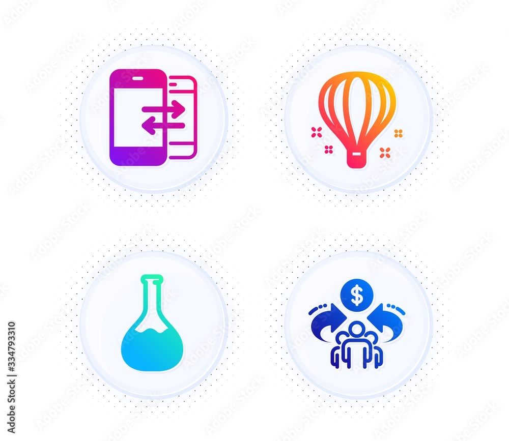 Chemistry lab, Phone communication and Air balloon icons simple set. Button with halftone dots. Sharing economy sign. Laboratory, Incoming and outgoing calls, Sky travelling. Share. Vector