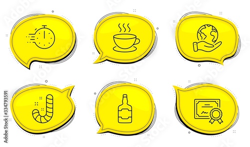 Cappuccino sign. Diploma certificate, save planet chat bubbles. Cooking timer, Candy and Whiskey bottle line icons set. Stopwatch, Lollypop, Scotch alcohol. Espresso cup. Food and drink set. Vector