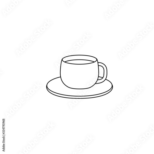 Vector illustration with a simple mug. Cup and saucer silhouette, black lines on white, sketch, Doodle.