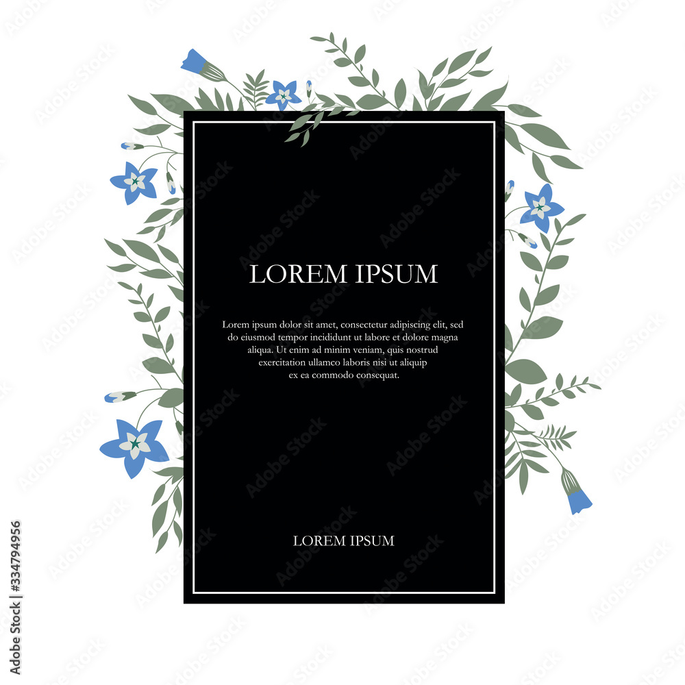 The floral frame is a stylish black die with blue flowers, buds and decorative leaves. Invitation design, for greeting card, banner, poster. Vector illustration
