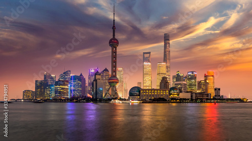 Canvas Print Shanghai skyline and skyscraper modern building construction architecture in Asia,  Shanghai, Lujiazui downtown business and financial in China on the Huangpu River